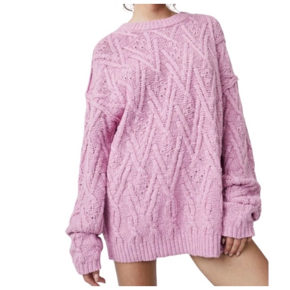 Free People! Isla Cable Knit Tunic Sweater Pink Frosting Rose Boho Women Size S